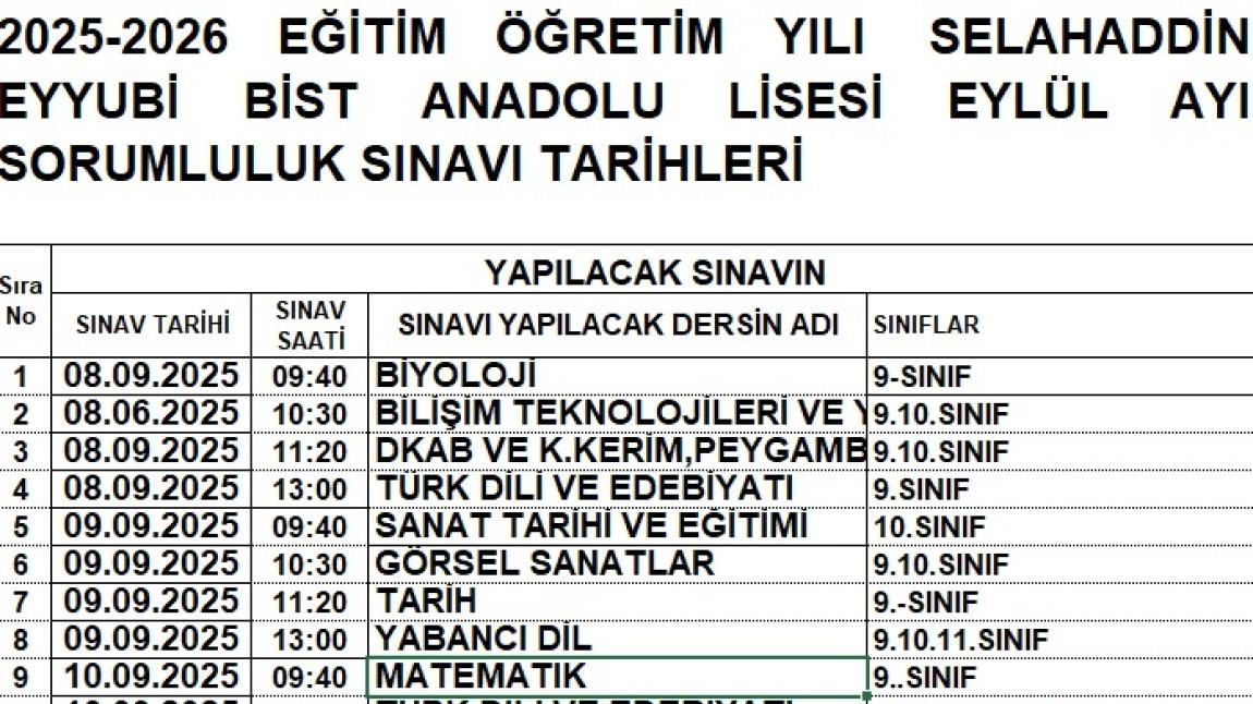 2025/2026 Eğitim Öğretim Yılı Eylül Ayı Sorumluluk Sınav Tarihleri 